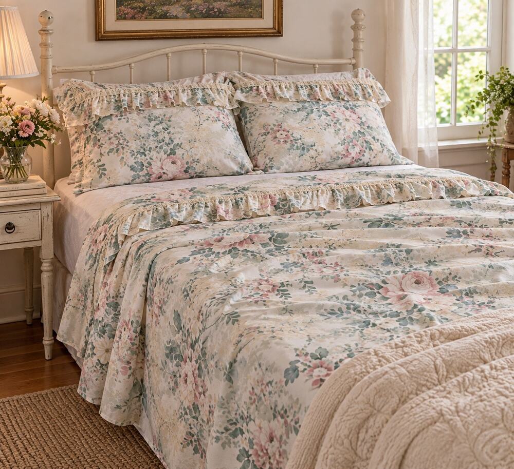Vintage Style Full Size Floral Flat Sheet Pink Roses Ruffle Lace Cottagecore